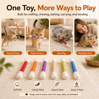 Oversized Catnip Chew Sticks for Cats – Soft Felt Interactive Cat Toys, 6 Pack